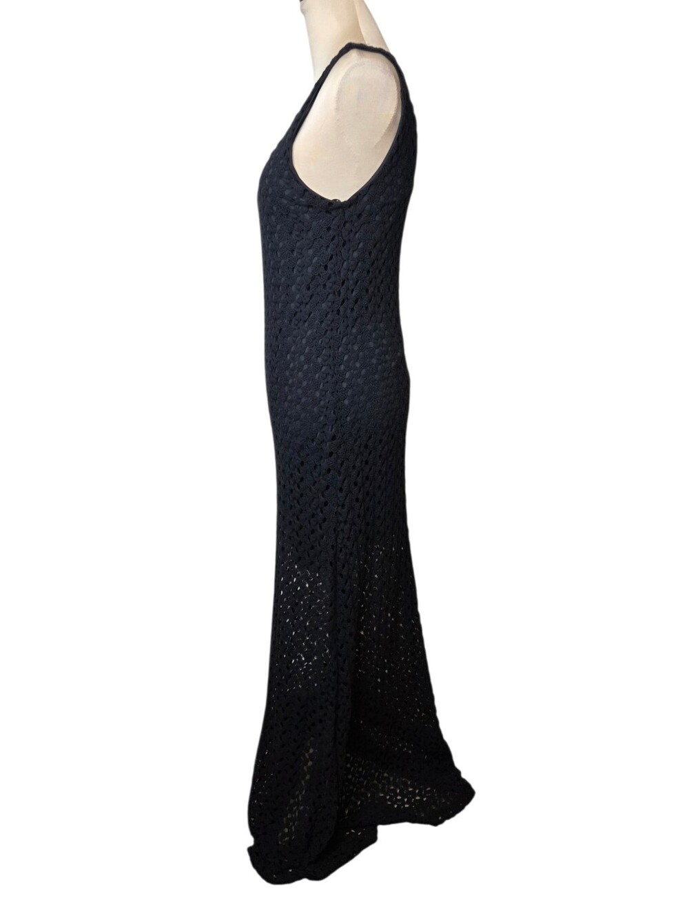 Black Open Knit Crochet Maxi Dress Witchy Boho Gothic Festival Medium - Picture 4 of 12